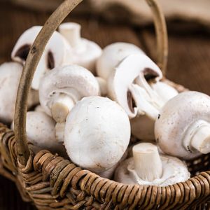Fresh white Mushrooms on vintage wooden background (selective focus)
