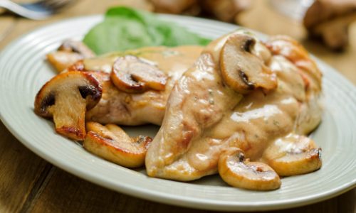 "A delicious plate of boneless, skinless chicken breasts sauteed with white wine, basil and mushrooms."